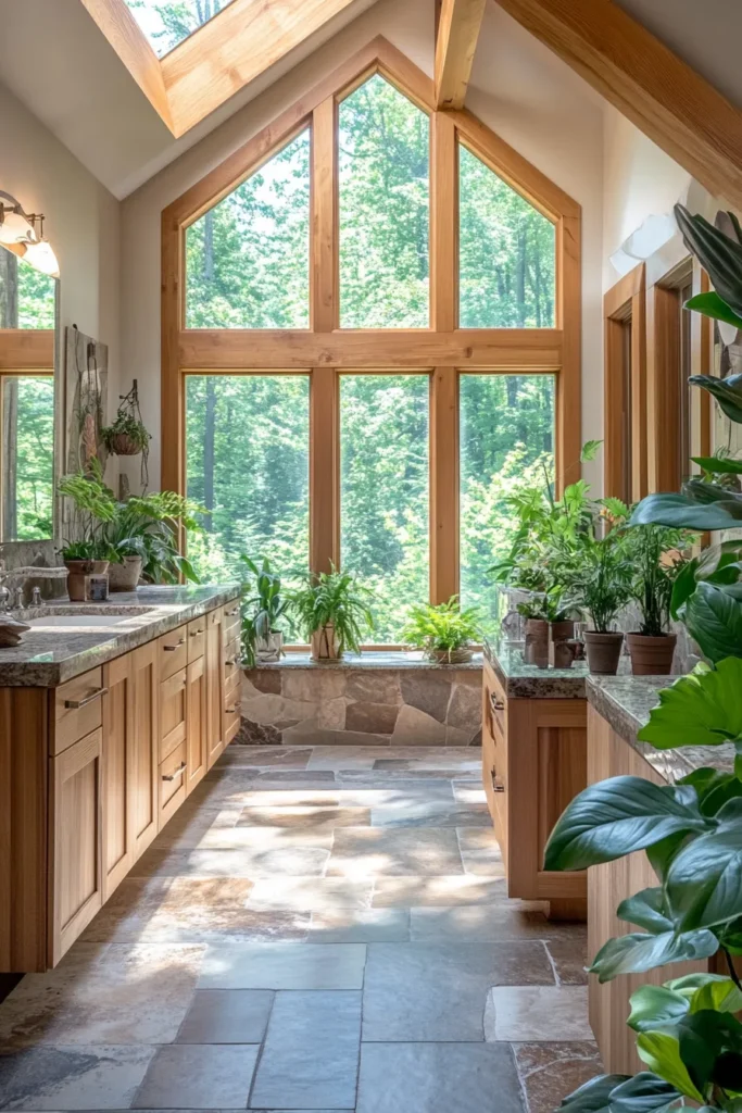 Sunlit mountain bathroom retreat natural light glass surfaces organic textures minimalist decor lush greenery