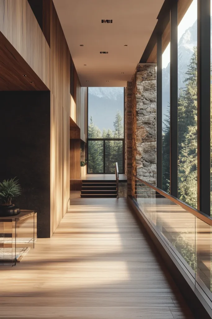 Minimalist mountain hallway with warm wood tones, neutral grays, and carefully placed lighting fixtures