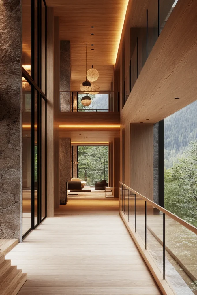 Sunlit mountain home hallway featuring glass railings, open staircases, and panoramic views