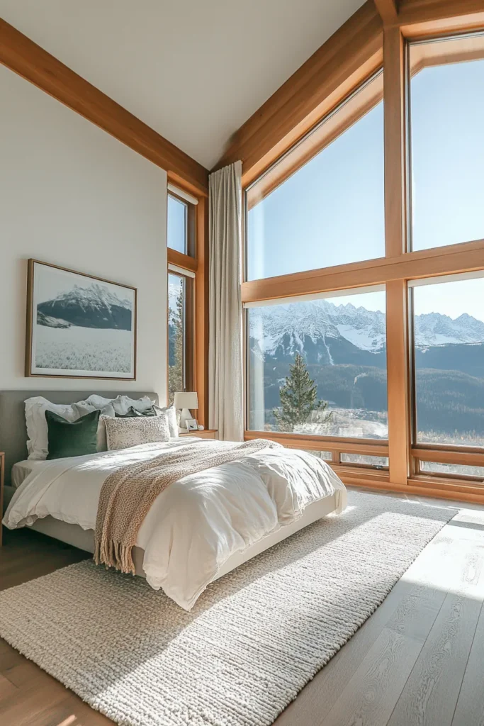 Modern mountain bedroom with floor to ceiling windows, natural wood tones, and minimalist decor overlooking snow capped peaks