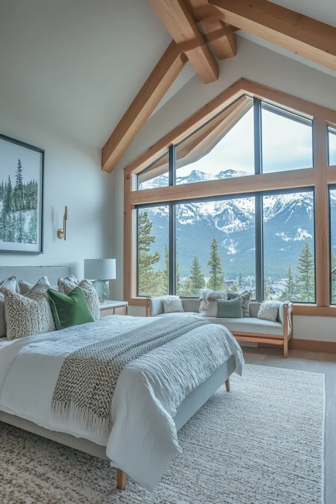 Minimalist mountain bedroom with neutral color palette, deep green accents, and multifunctional furniture