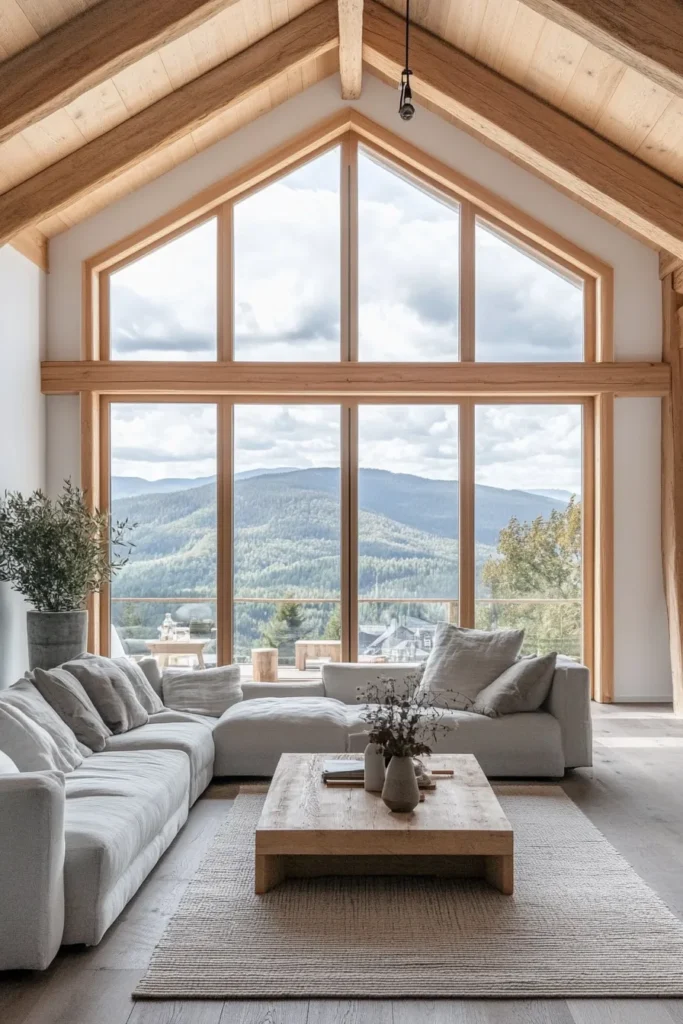Open plan mountain home interior featuring natural wood, stone accents, and expansive views of surrounding peaks
