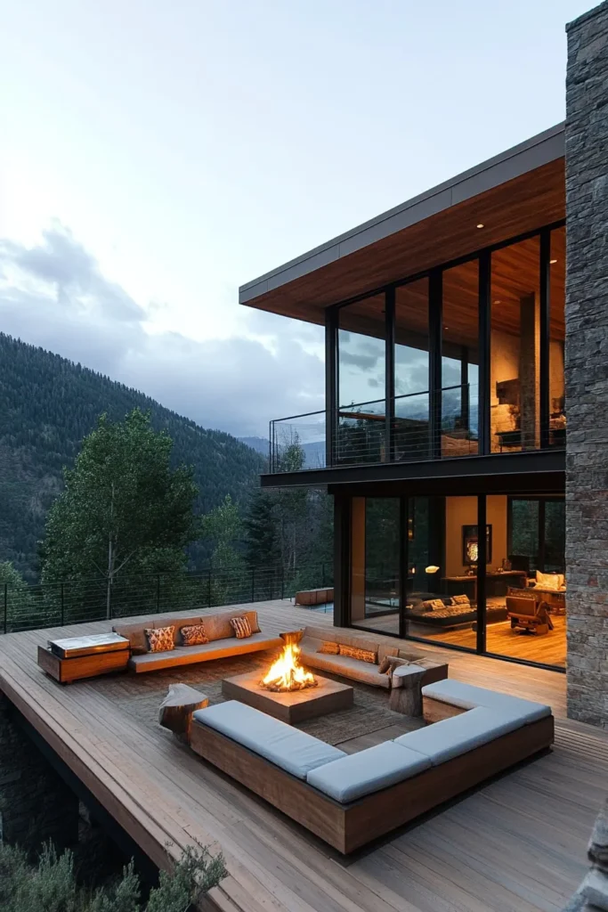 Modern mountain home with wraparound deck, floor to ceiling windows, and cantilevered structure extending over rugged terrain.