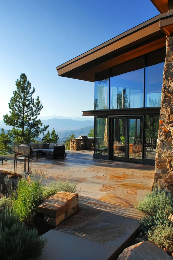 Contemporary mountain house with glass walls, minimalist decor, and panoramic views of breathtaking natural surroundings.