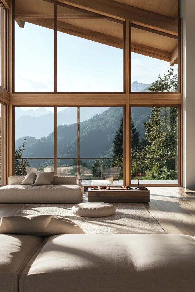 Modern mountain villa exterior with panoramic windows solar panels and green roof nestled in lush landscape