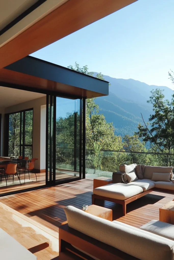 Open concept mountain living area extending to wooden deck with forest views