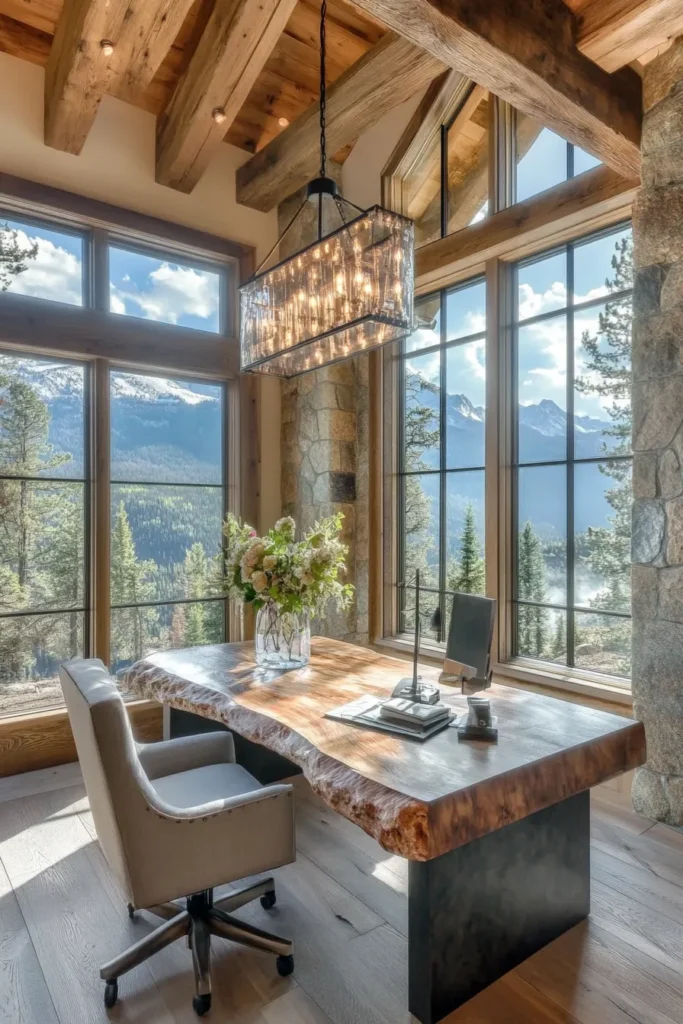 Spacious mountain retreat workspace with clean lines, warm tones, and smart technology