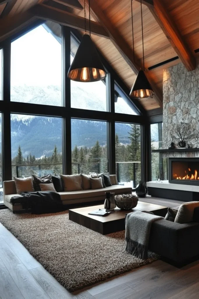 Spacious open plan library in mountain home featuring energy efficient design and stunning natural views