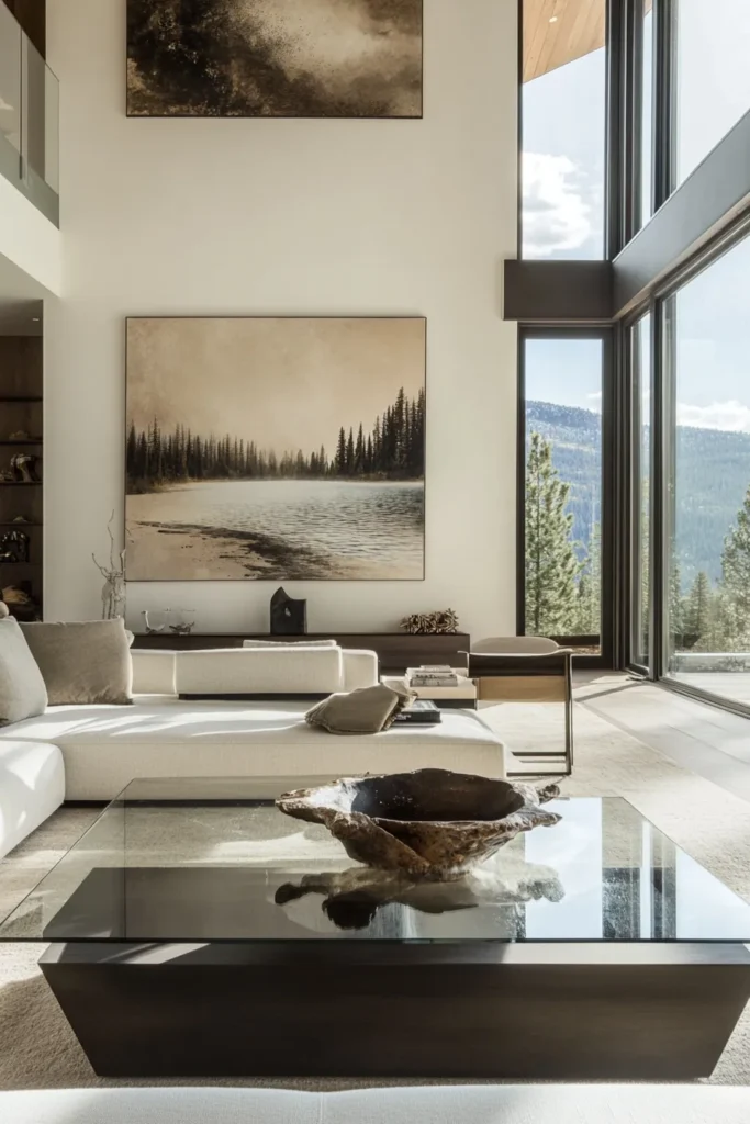 Sleek mountain home interior with natural elements, built in shelving, sculptural pieces, and smart home features