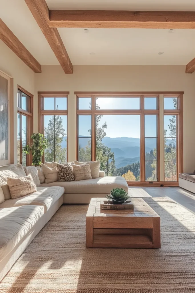 Modern mountain living room with wooden beams sunlit windows plush seating area rug and stunning views
