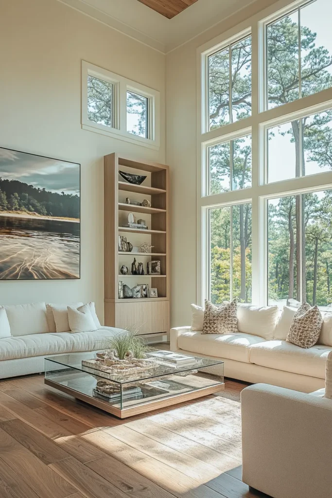 Sophisticated mountain retreat featuring landscape views, abstract art, earth tones, and high tech entertainment center