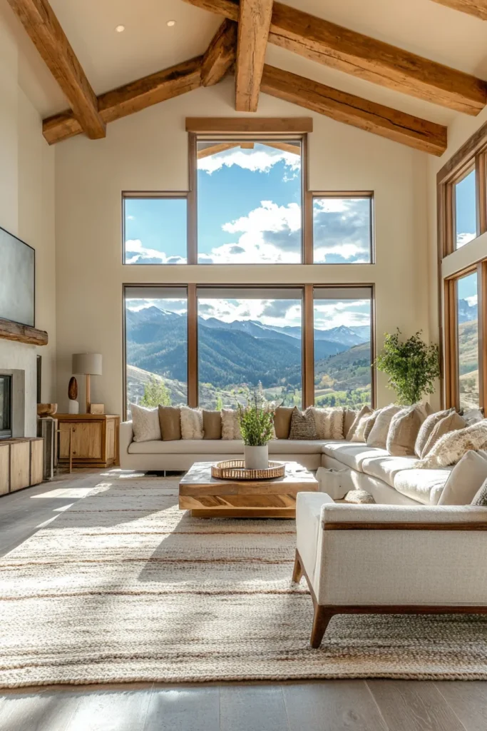 Sunlit modern mountain home living room wooden accents statement rug cozy seating and scenic views