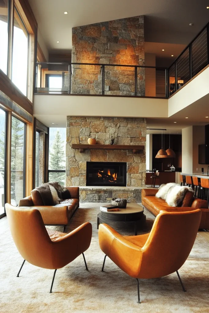 Luxurious mountain home living room featuring stone walls and minimalist decor