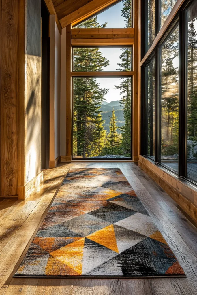 Spacious mountain retreat hallway featuring statement area rug, wooden elements, and subtle weatherproofing details
