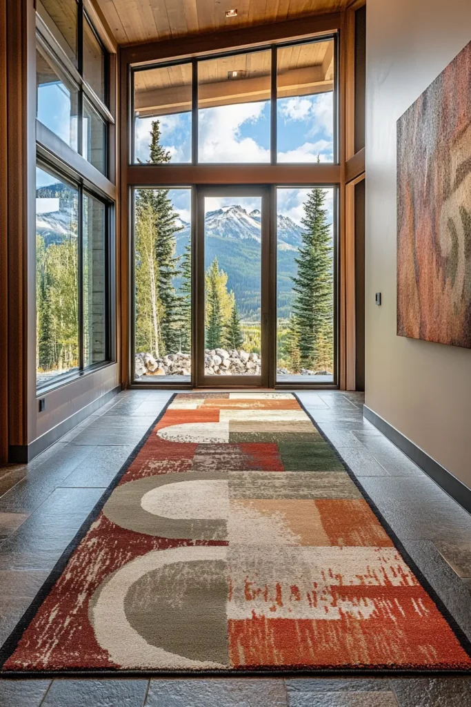 Modern mountain home hallway with large windows, geometric rug, and warm sunlight showcasing weatherproofed design