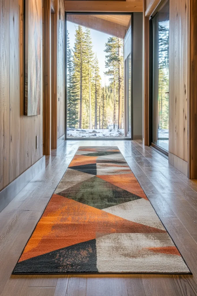 Contemporary mountain home interior with bold geometric patterns, natural light, and weatherproofed elements