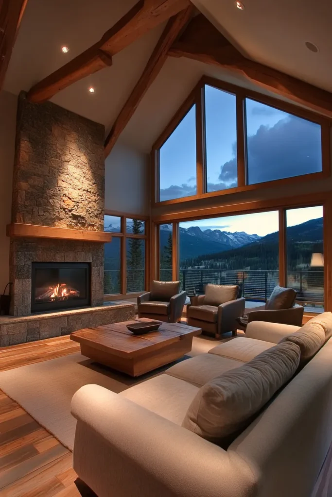 Modern mountain guest room with stone fireplace, leather armchairs, and panoramic views of evening mountain landscape