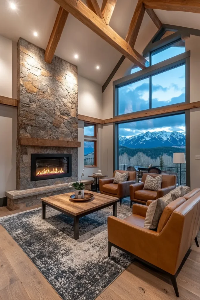 Luxurious mountain home interior featuring exposed beams, wood flooring, and contemporary furnishings with rustic touches