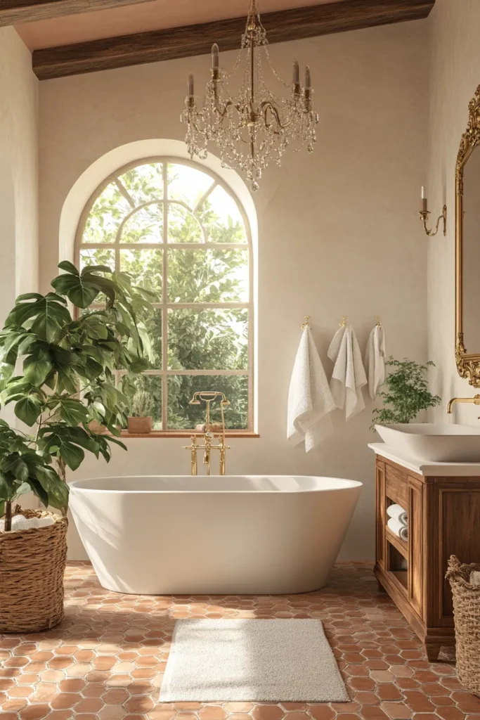 Italian bathroom with tiled accent wall and floating shelves