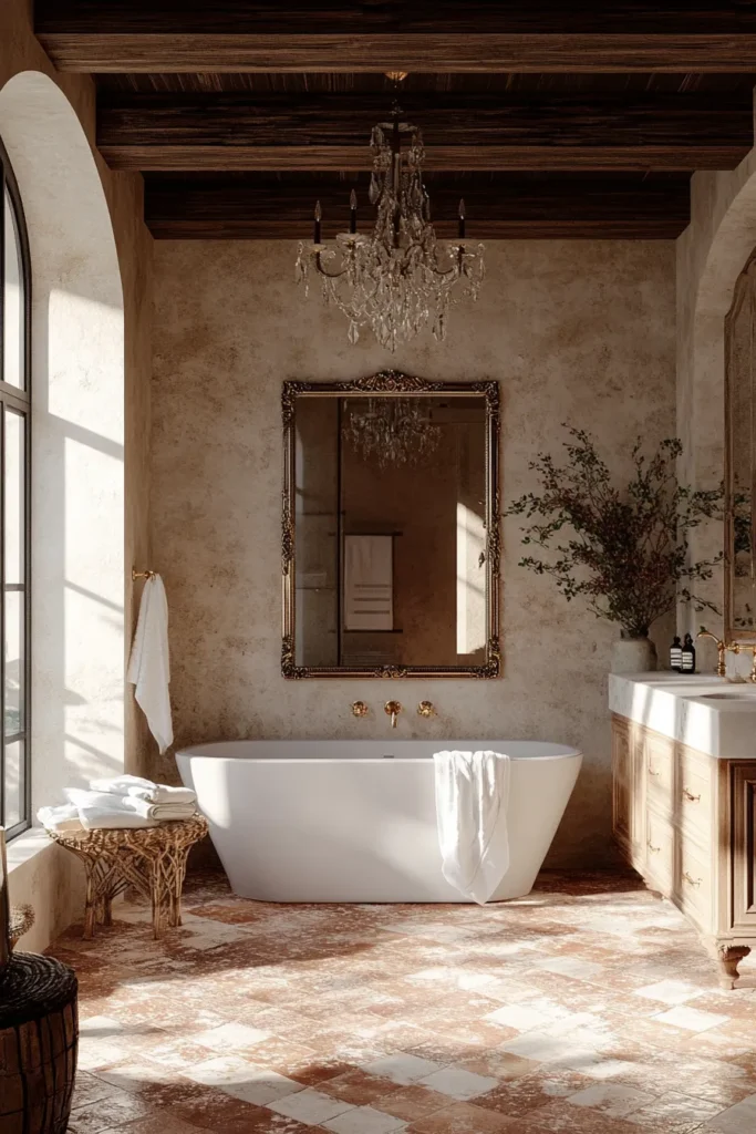 Italian bathroom with tiled wainscoting and frosted glass door