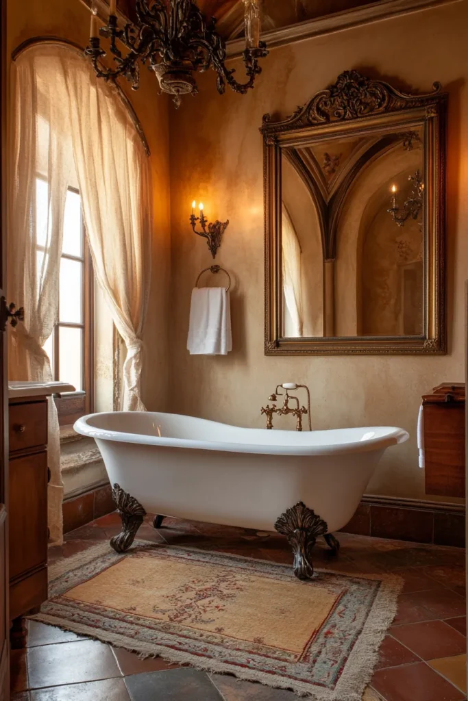 Italian bathroom with painted tile floor and whitewashed walls