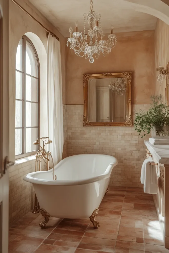 Italian bathroom with mosaic tile floor and arched doorway