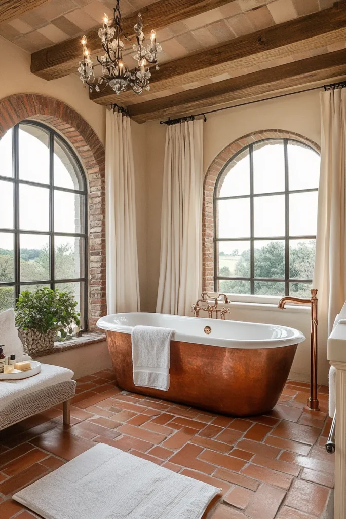 Italian bathroom with marble countertop and gold-framed mirror