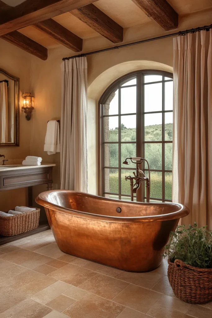 Italian bathroom with stone accent wall and floating shelves