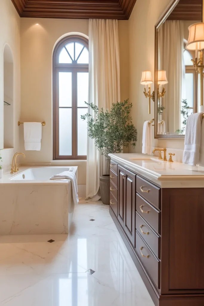 Italian bathroom with freestanding vanity and pendant lighting