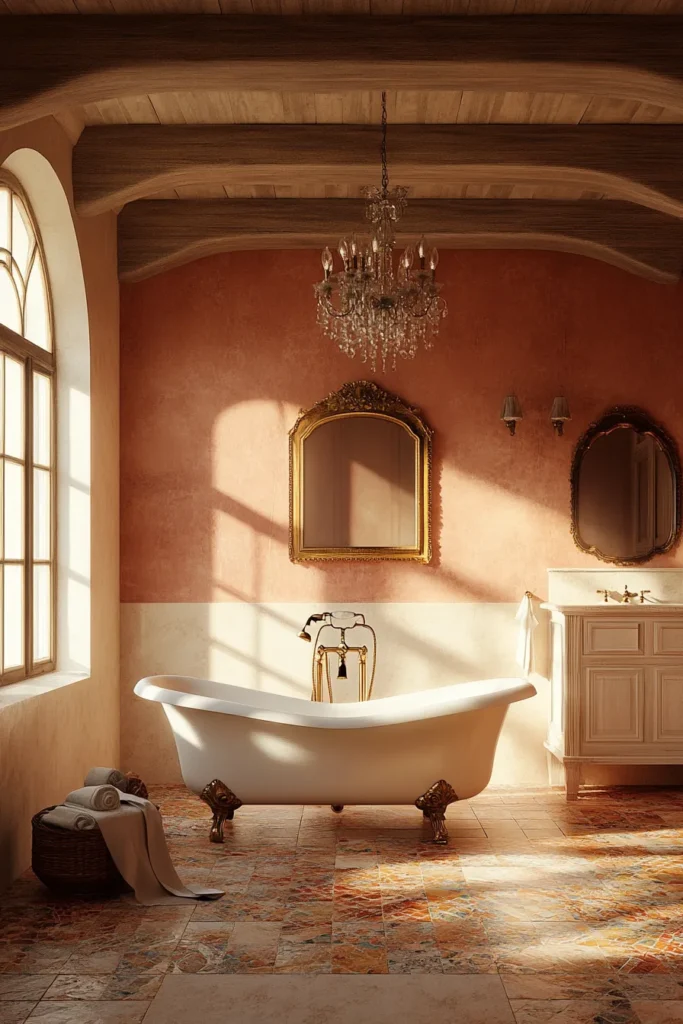 Italian bathroom with copper bathtub and exposed brick wall