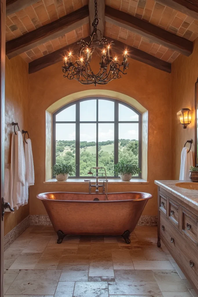 Italian bathroom with rain shower head and built-in bench