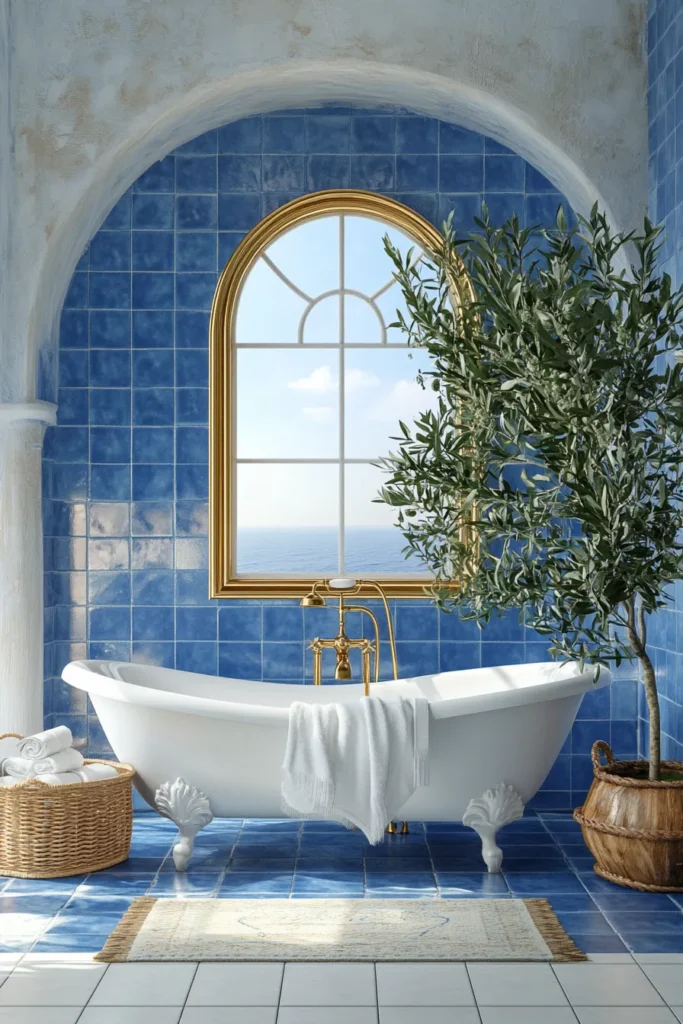 Italian bathroom with double vanity and painted ceiling mural