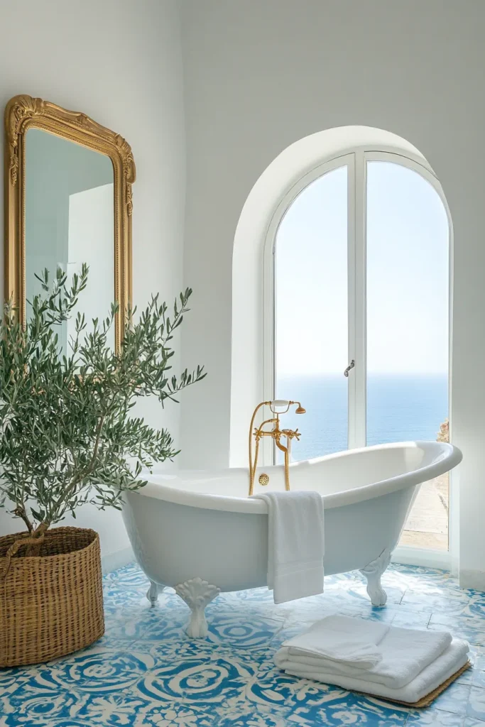 Italian bathroom with pedestal sink and stained glass window