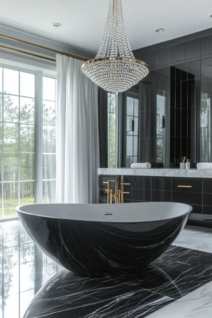 Italian bathroom with freestanding tub and arched window