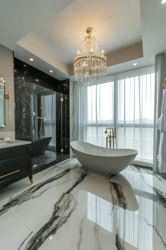 Italian bathroom with copper bathtub and rustic wooden floors
