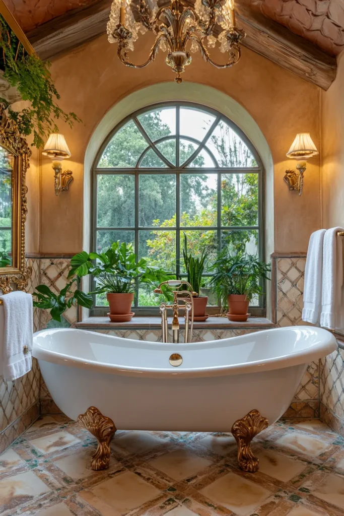 Italian bathroom with clawfoot tub and bay window