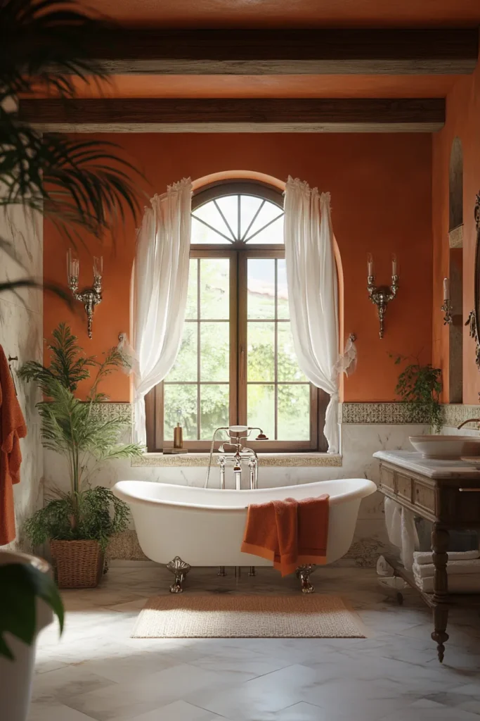 Italian bathroom with mosaic tile backsplash and floating vanity