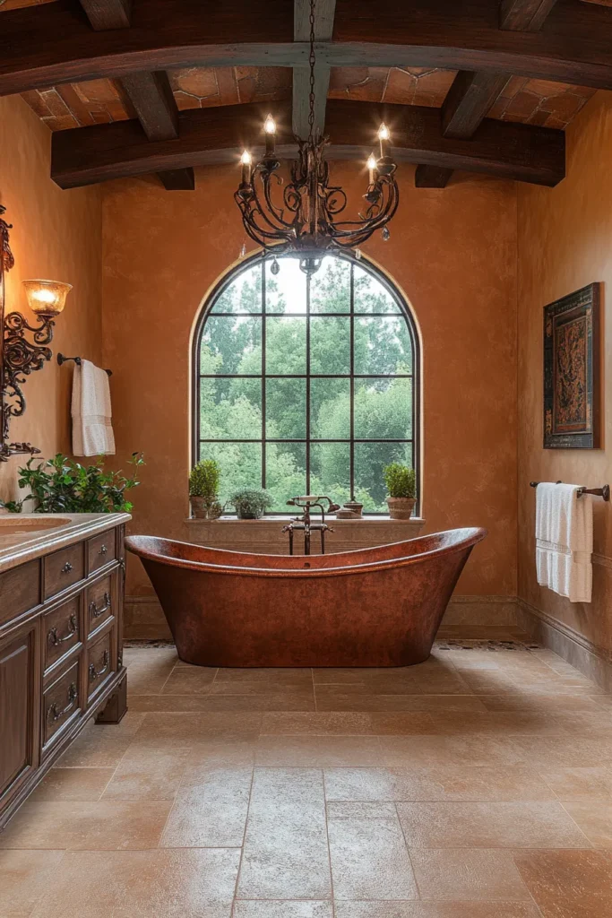 Italian bathroom with stone vessel sink and wall-mounted faucet
