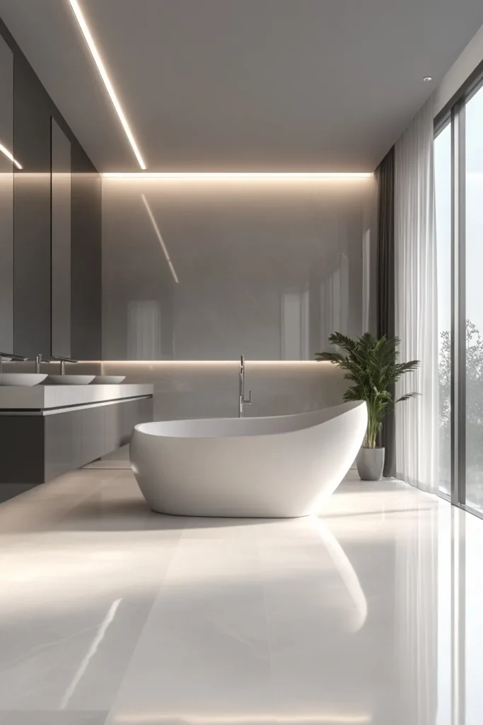 Italian bathroom with double vanity and pendant lighting