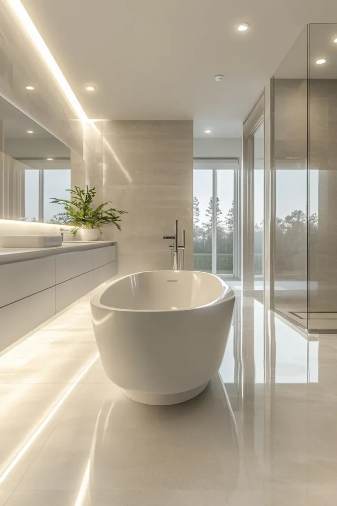 Italian bathroom with freestanding vanity and built-in storage