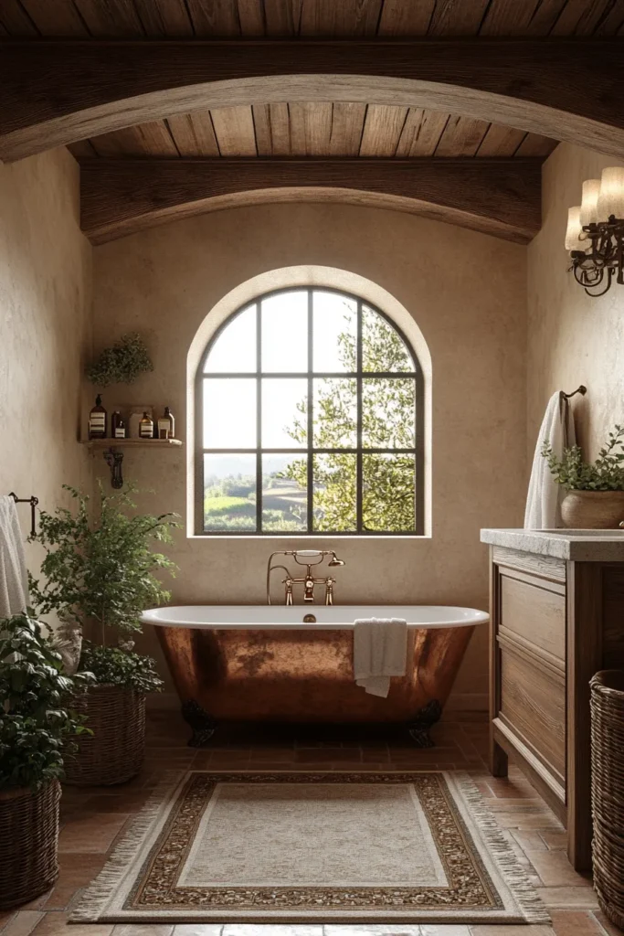 Italian bathroom with stone vessel sink and wall-mounted faucet