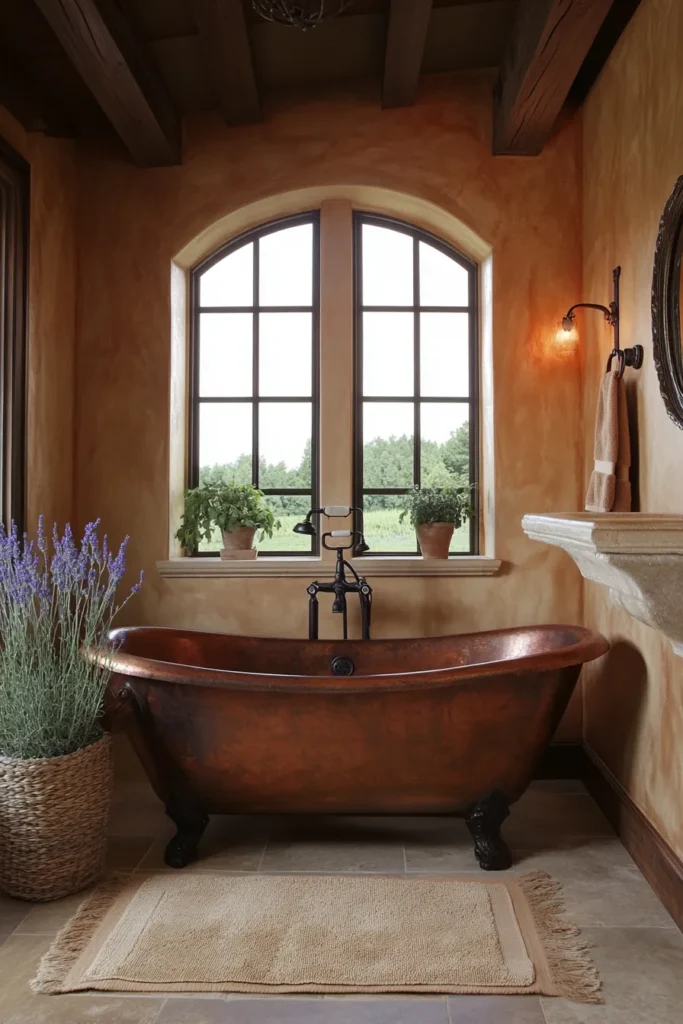 Italian bathroom with copper bathtub and terracotta floors