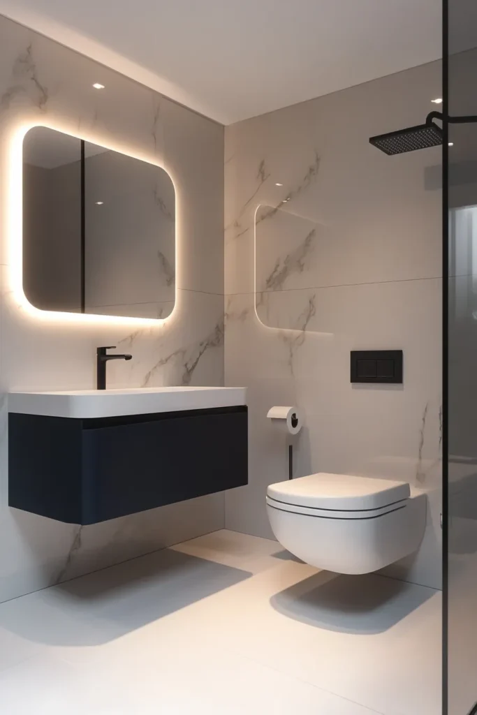 Italian bathroom with stone countertop and framed mirror