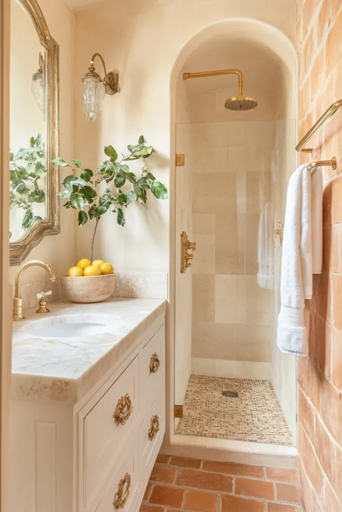 Italian bathroom with rainfall shower and pebble floor