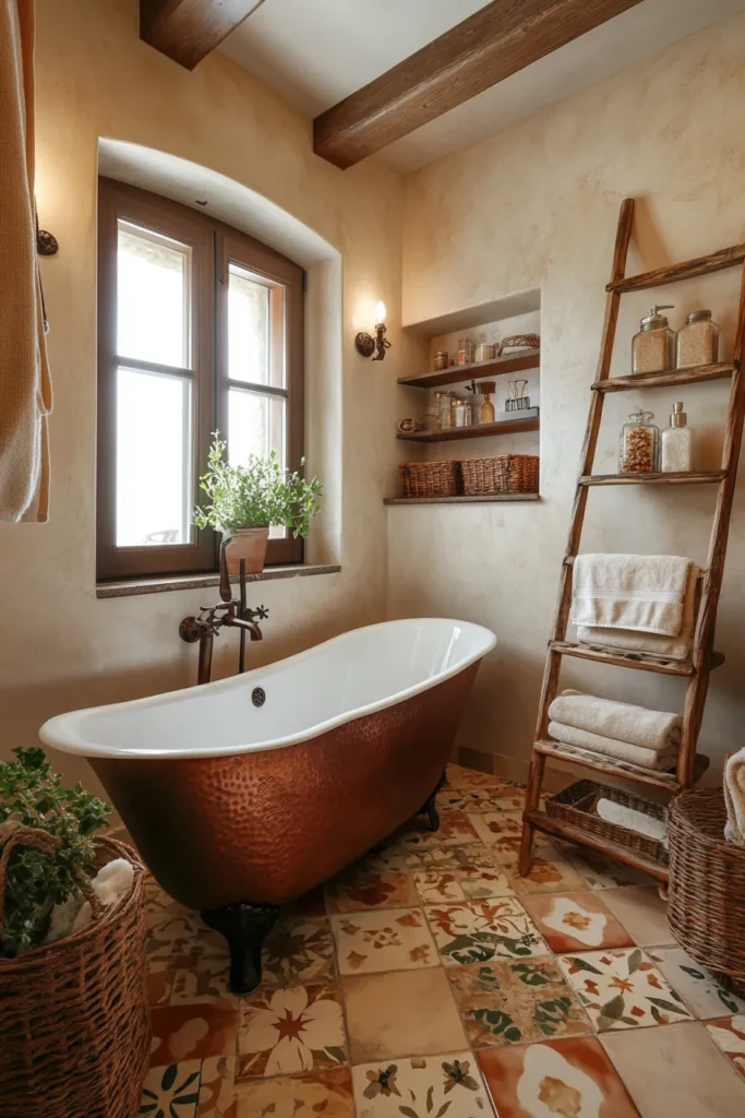 Italian bathroom with stone vessel sink and wall-mounted faucet