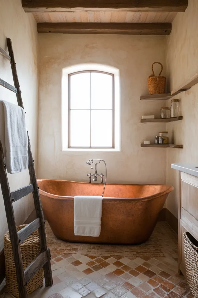 Italian bathroom with tiled shower enclosure and glass block window