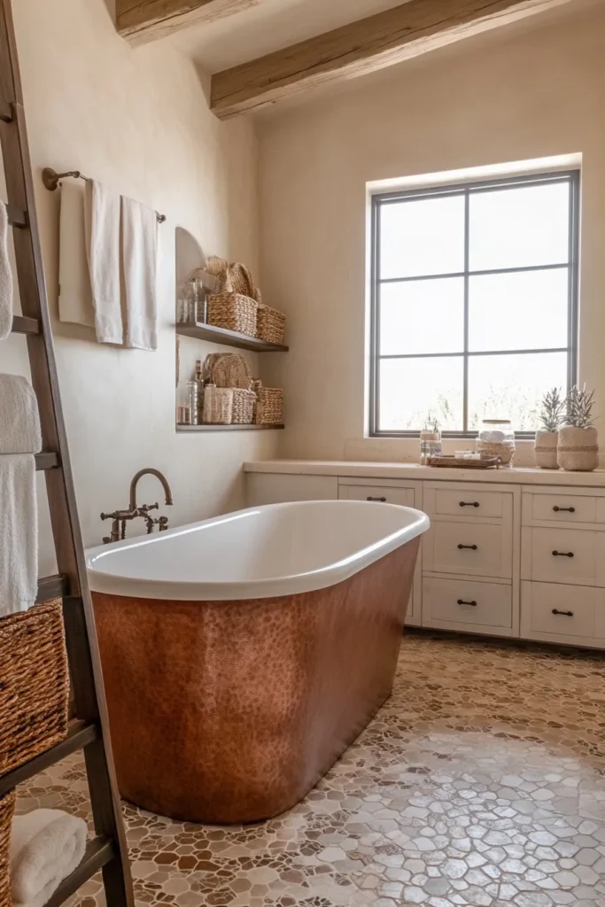 Italian bathroom with freestanding tub and chandelier