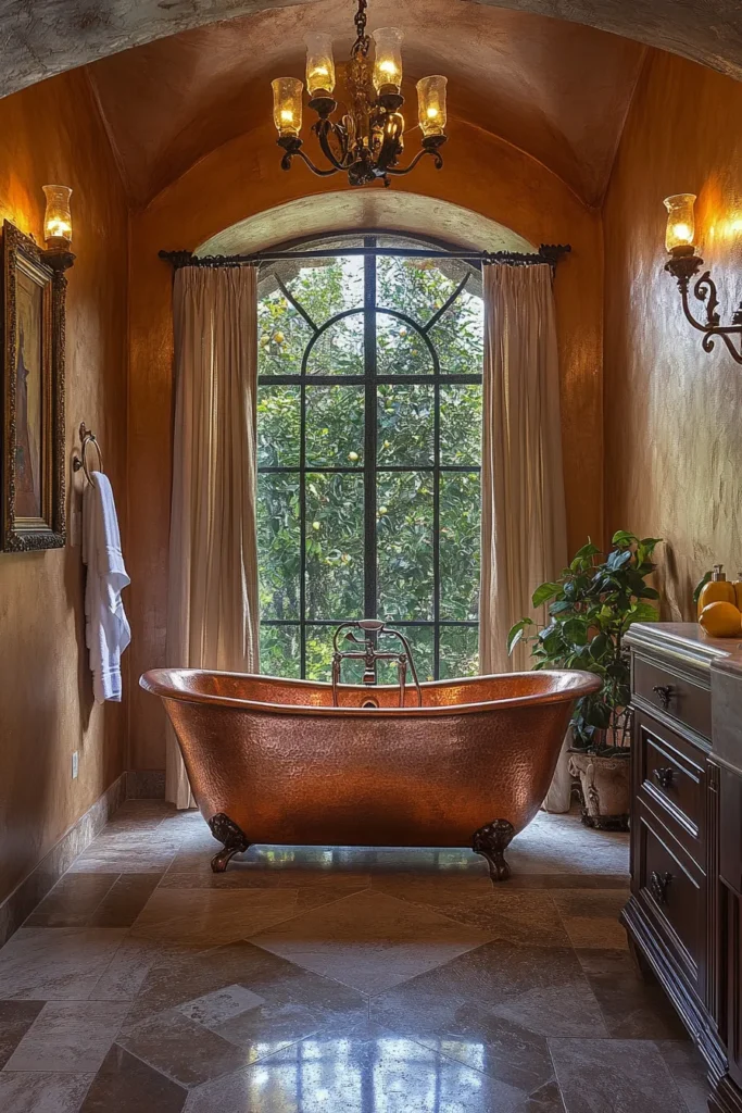 Italian bathroom with pedestal sink and stained glass window