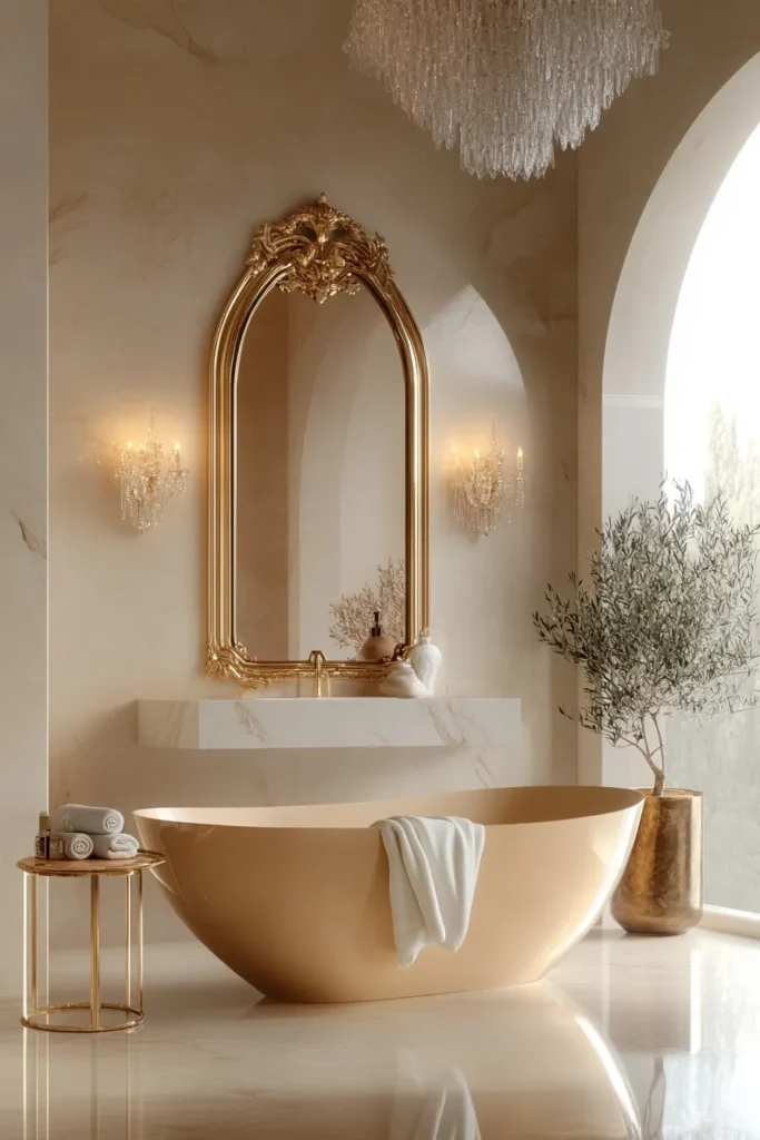 Italian bathroom with stone vessel sink and wall-mounted faucet