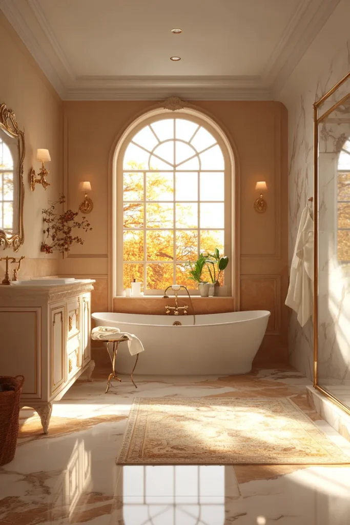 Italian bathroom with mosaic tile floor and arched doorway